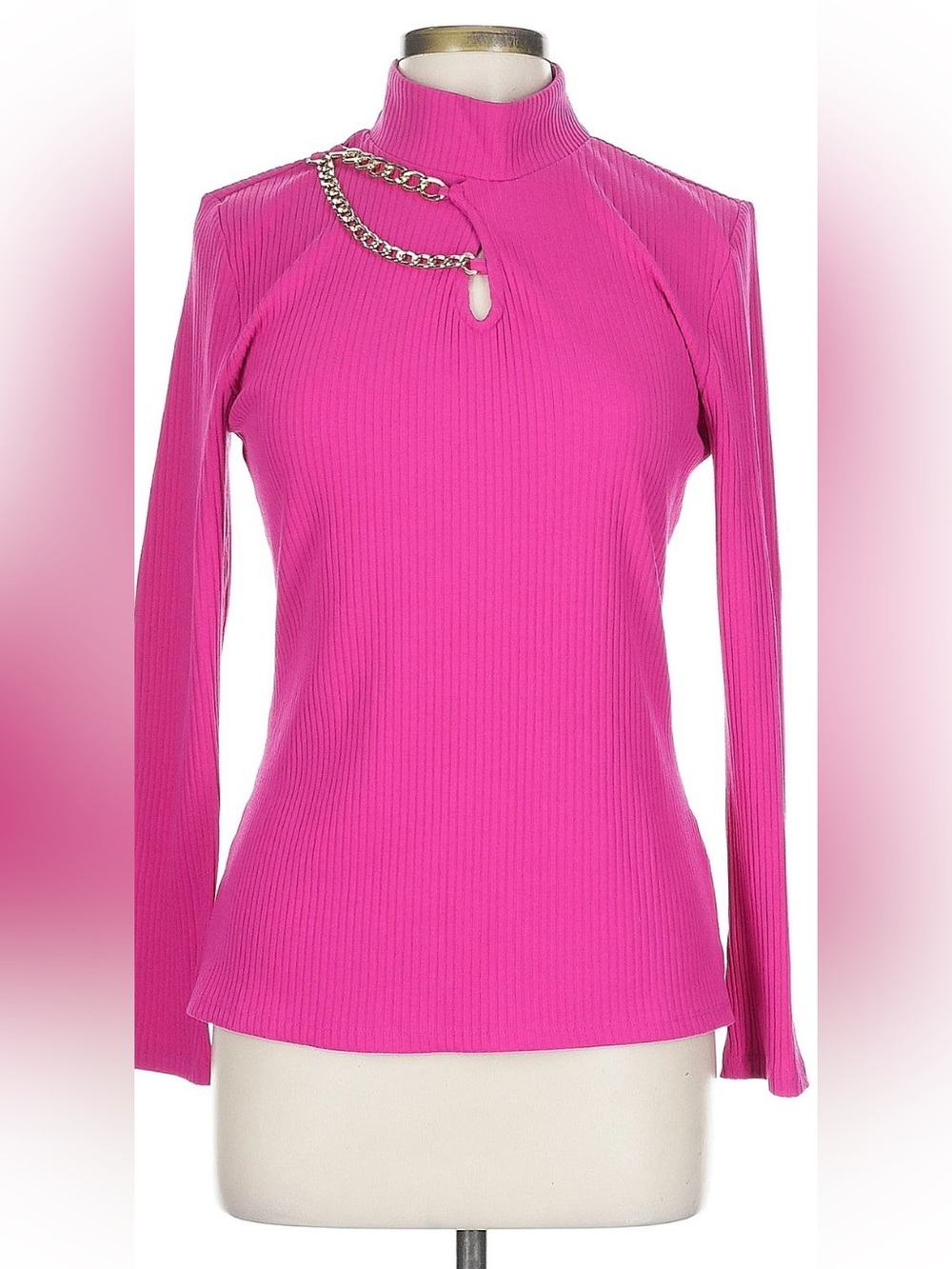 Ribbed Mock Neck Long-Sleeve Top in Hot Pink